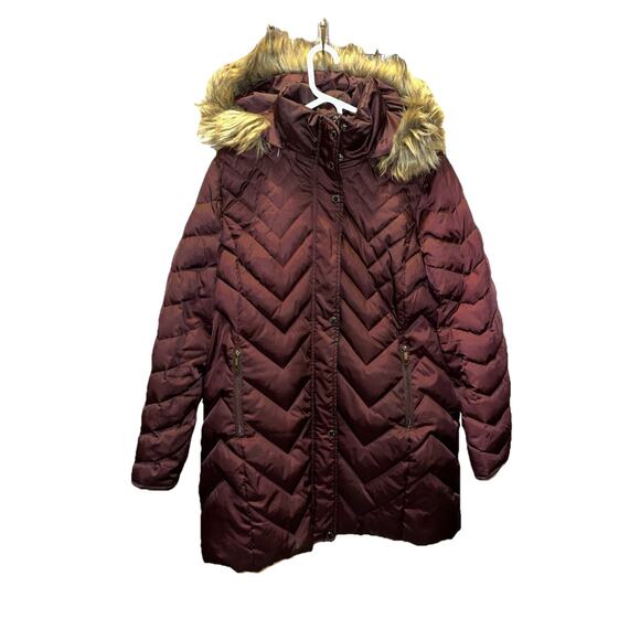 Reaction Kenneth Cole Hooded Down Longline Puffer Jacket Coat Faux Fur Trim S XL - Picture 1 of 8